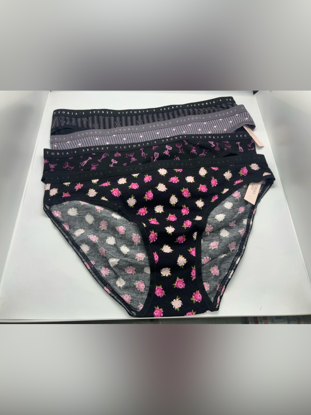 Victoria's Secret Black Bikini Briefs with Pink Floral Print - 4-Pack